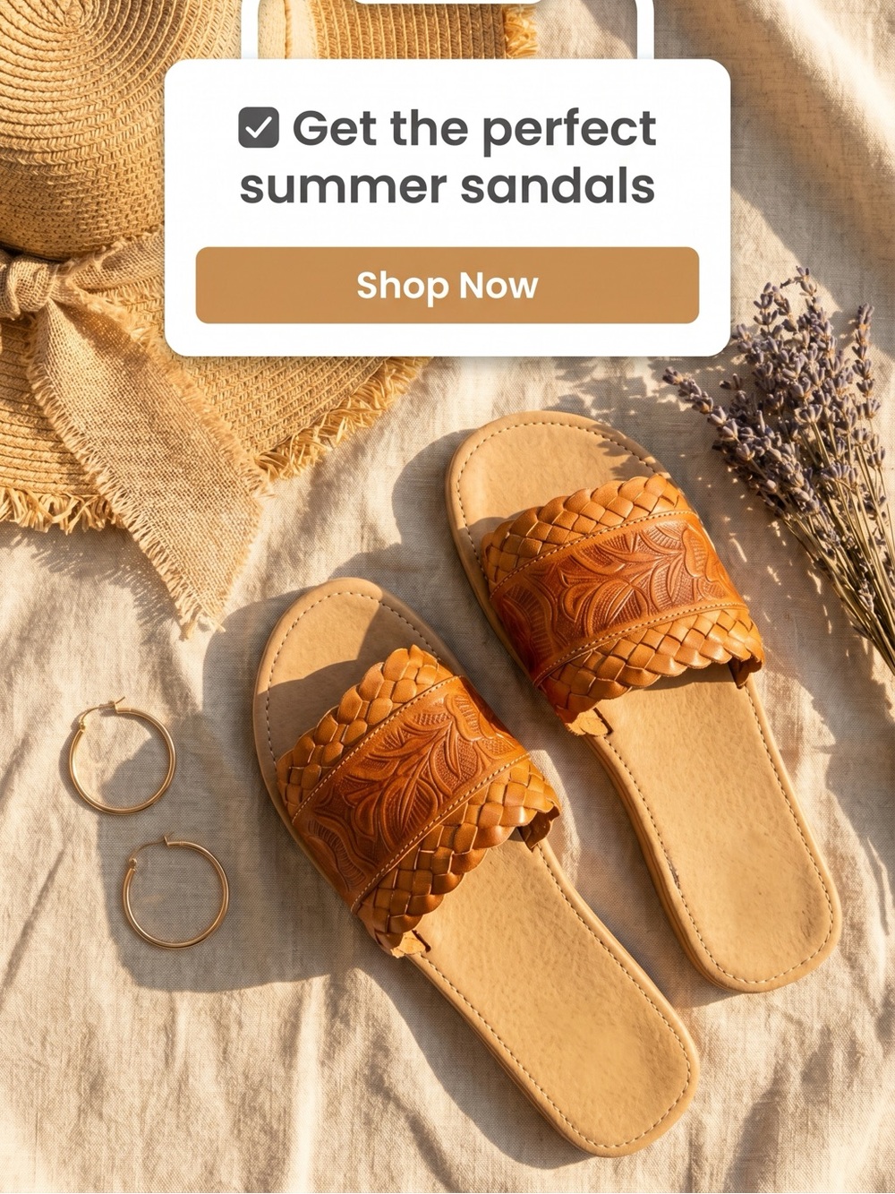 Hand Crafted Tan Braided & Tooled Leather Slide Sandals